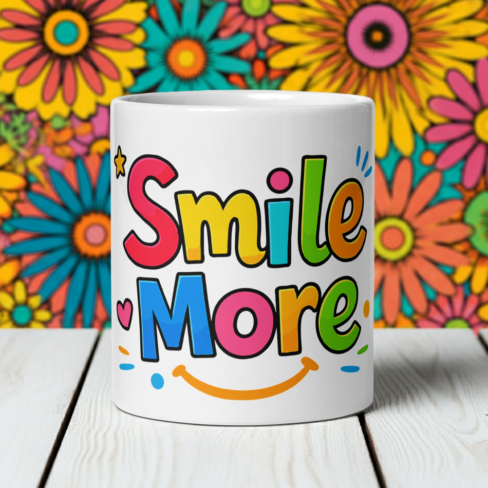 Smile More, text in colorful bubbly letters with a sun-smile and pink heart on a black ceramic mug.