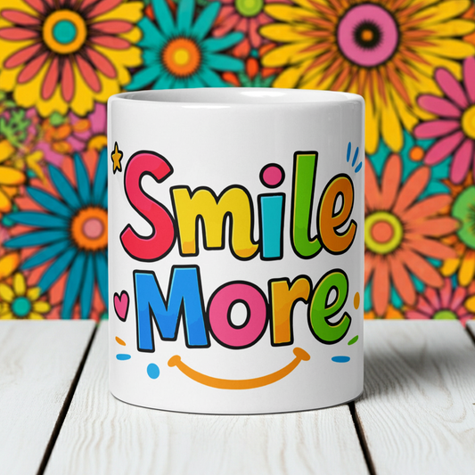 Smile More, text in colorful bubbly letters with a sun-smile and pink heart on a black ceramic mug.