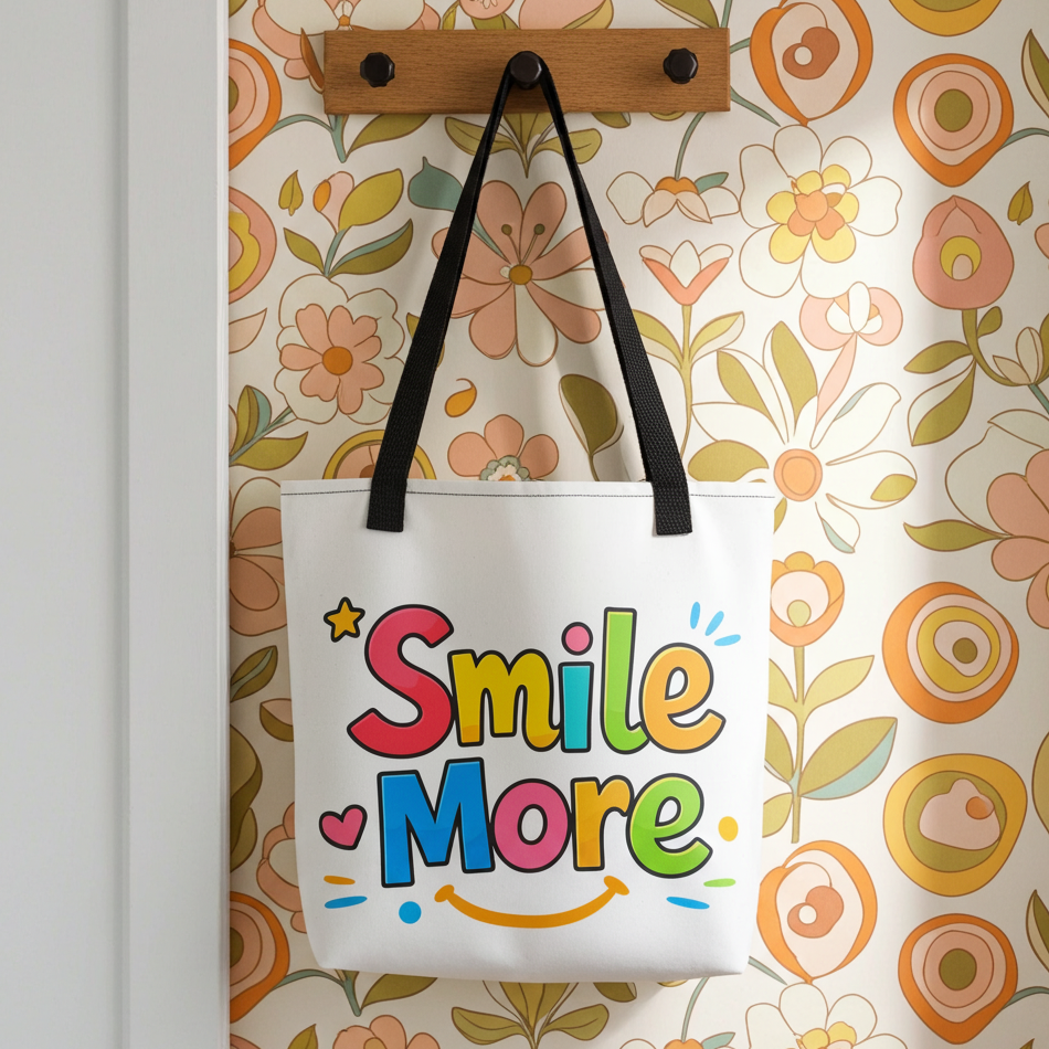 Colorful bubbly text reading "Smile More" with a yellow sun-smile and pink heart on a black canvas tote bag.