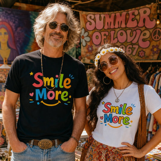 Smile More, bubbly lettering with a yellow sun-smile and pink heart on a black cotton t-shirt.