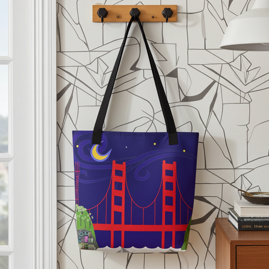 Illustration of Golden Gate Bridge and Sutro Tower under a starry night sky with a crescent moon on a tote bag.