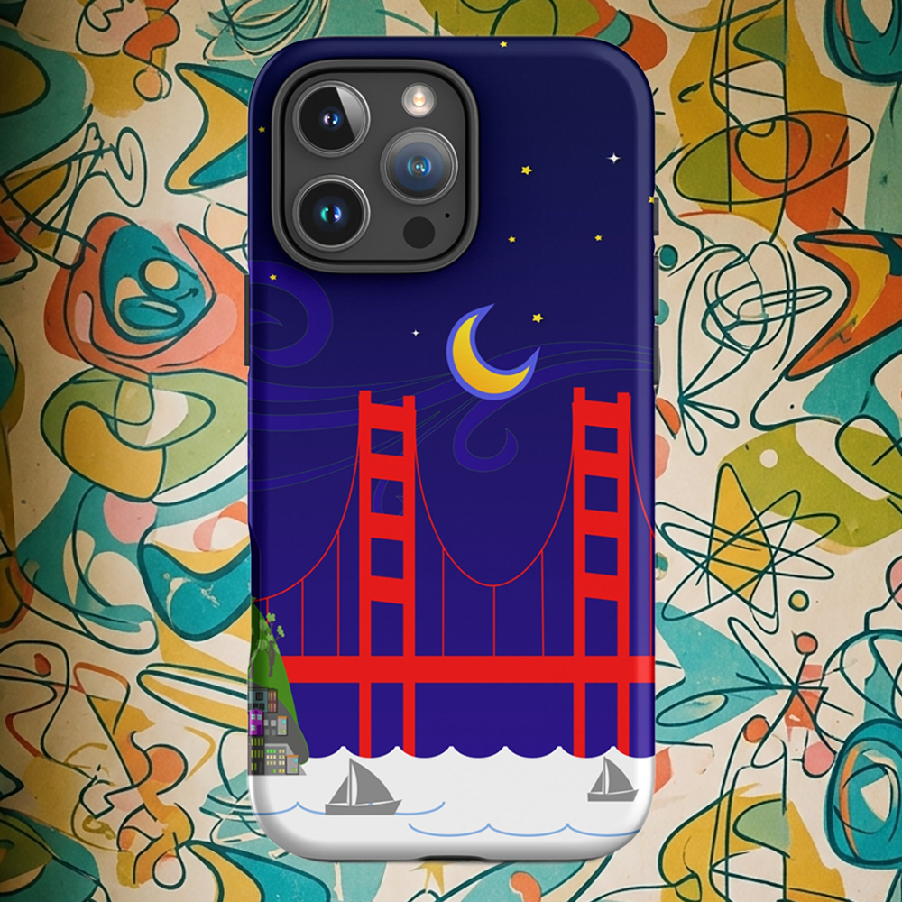 Colorful iPhone case featuring a psychedelic Golden Gate Bridge at night with a crescent moon and swirling stars.