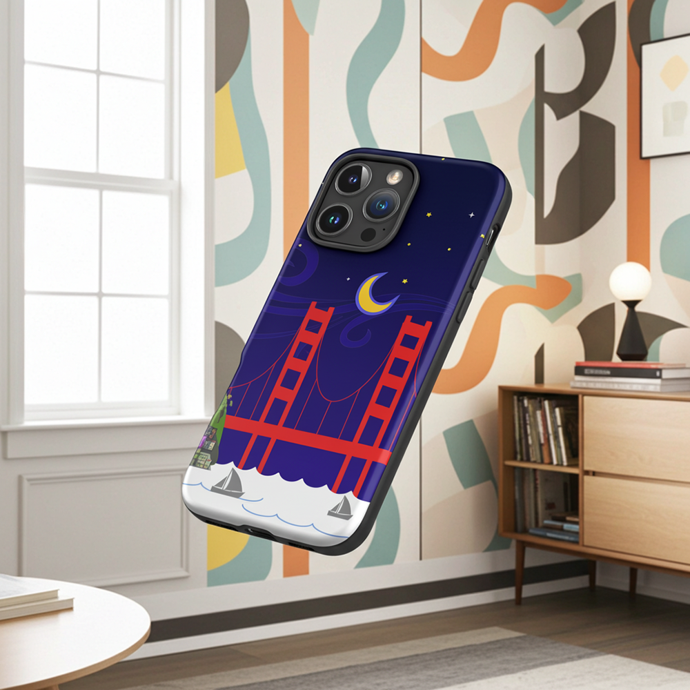 Colorful iPhone case featuring a psychedelic Golden Gate Bridge at night with a crescent moon and swirling stars.