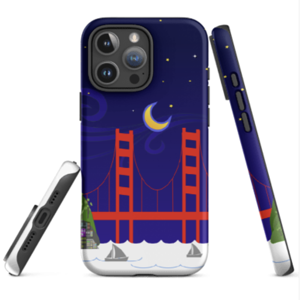 Colorful iPhone case featuring a psychedelic Golden Gate Bridge at night with a crescent moon and swirling stars.