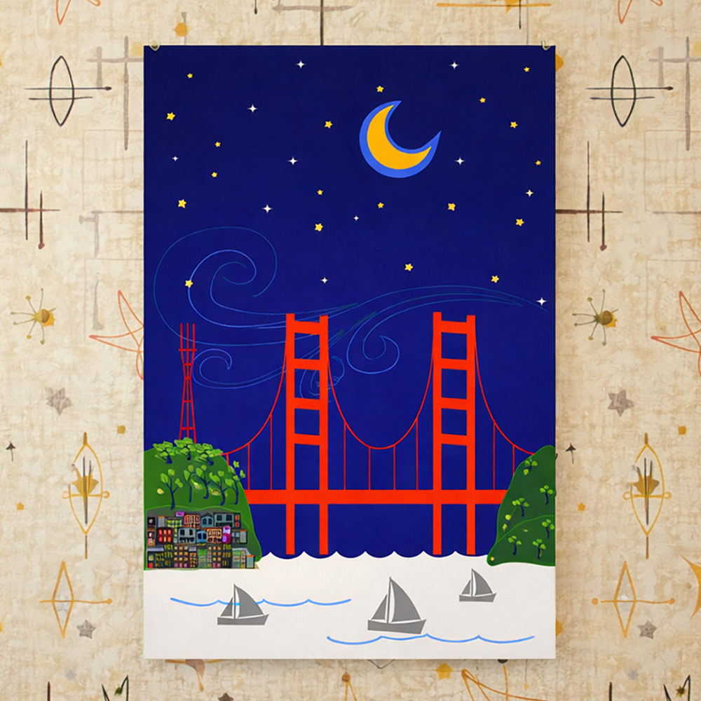 Starry night over the Golden Gate Bridge at night with a crescent moon, swirling stars, and sailboats.