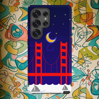 Golden Gate Bridge night scene with a crescent moon and swirling stars on a Samsung Galaxy phone case.