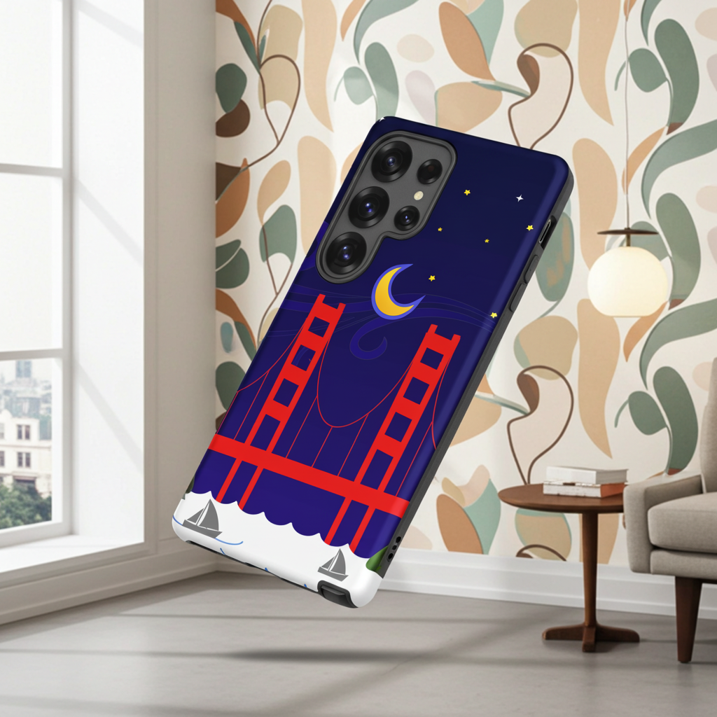 Golden Gate Bridge night scene with a crescent moon and swirling stars on a Samsung Galaxy phone case.