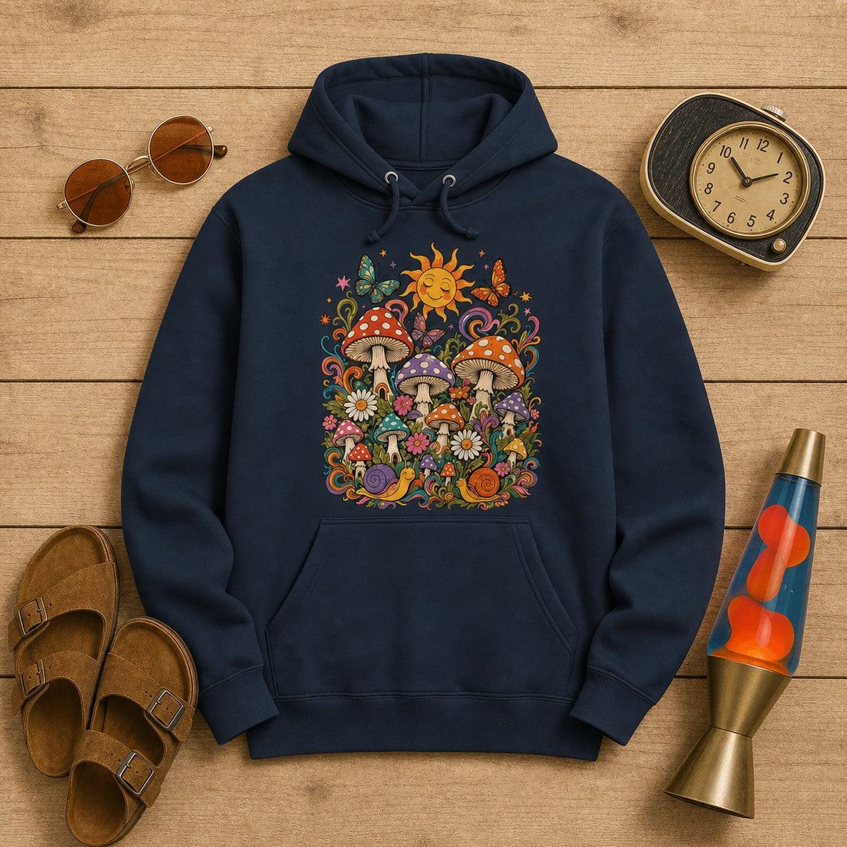 Cozy pullover hoodie featuring colorful 70s retro mushrooms, smiling snails, butterflies, flowers, and a bright sun.