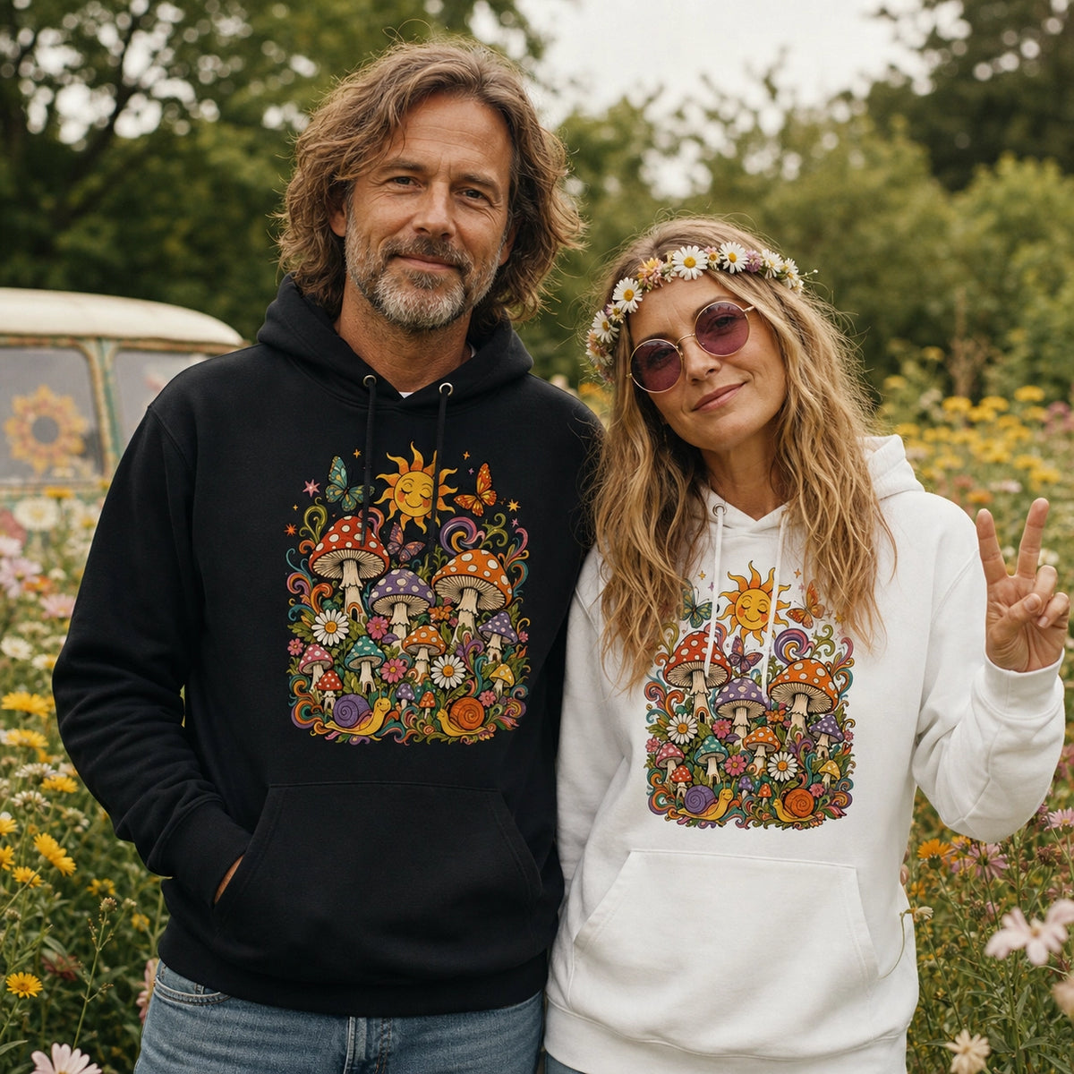 Cozy pullover hoodie featuring colorful 70s retro mushrooms, smiling snails, butterflies, flowers, and a bright sun.