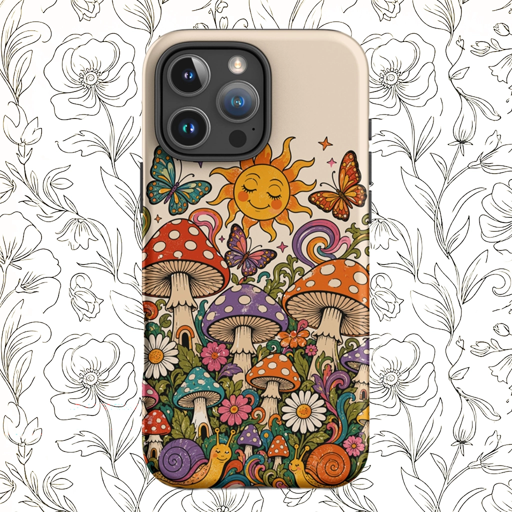 Durable TPU iPhone case featuring colorful 70s retro mushrooms, smiling snails, butterflies, flowers, and a smiling sun.