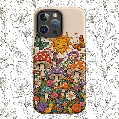 Durable TPU iPhone case featuring colorful 70s retro mushrooms, smiling snails, butterflies, flowers, and a smiling sun.