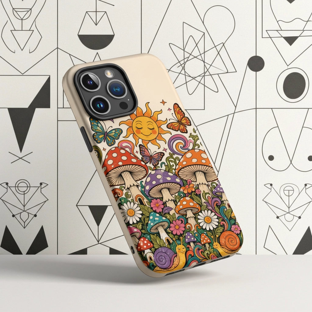 Durable TPU iPhone case featuring colorful 70s retro mushrooms, smiling snails, butterflies, flowers, and a smiling sun.