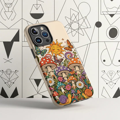 Durable TPU iPhone case featuring colorful 70s retro mushrooms, smiling snails, butterflies, flowers, and a smiling sun.