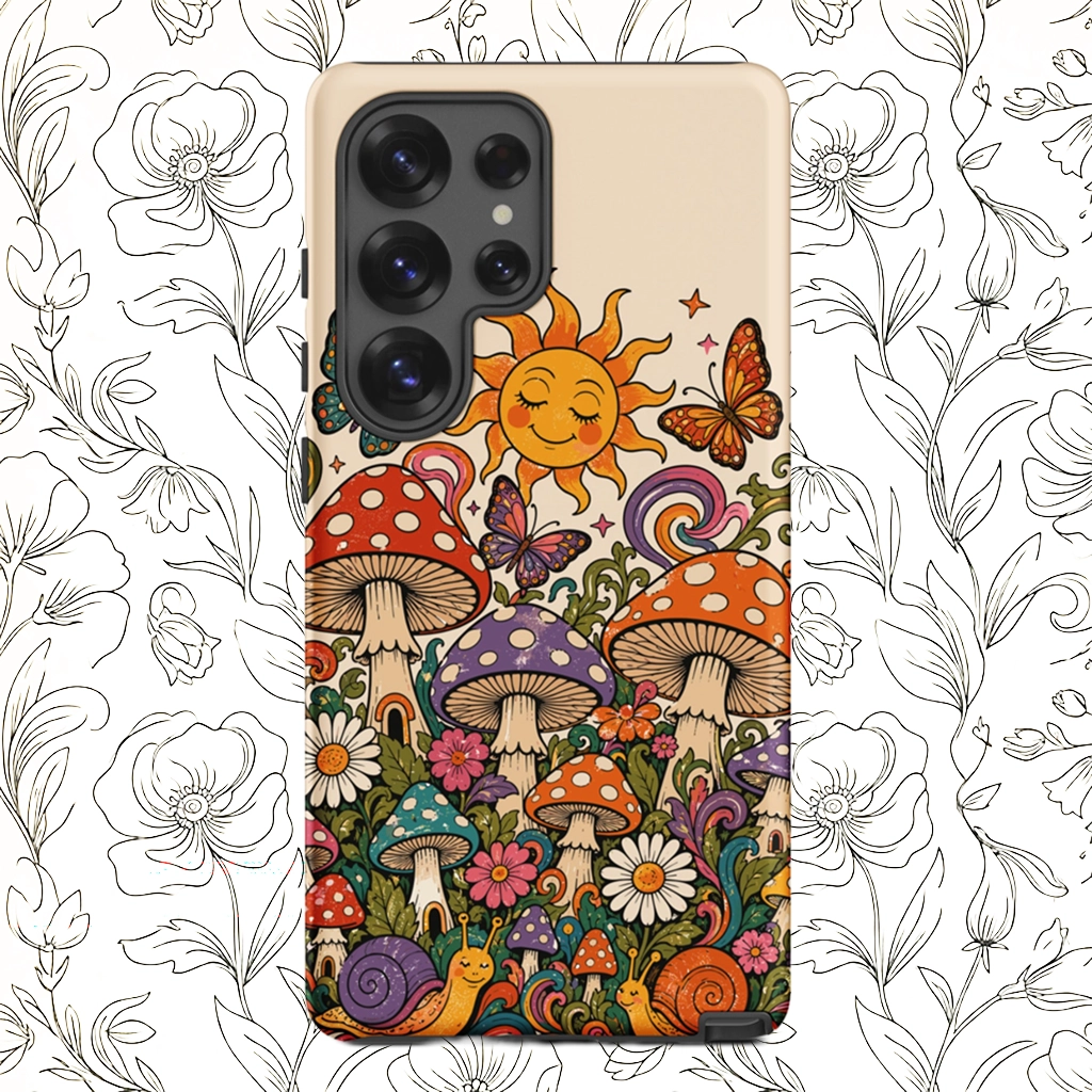 Durable TPU Samsung Galaxy case featuring colorful 70s retro mushrooms, smiling snails, butterflies, and a bright sun.