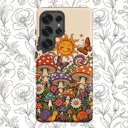 Durable TPU Samsung Galaxy case featuring colorful 70s retro mushrooms, smiling snails, butterflies, and a bright sun.