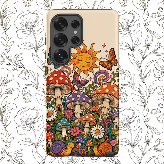 Durable TPU Samsung Galaxy case featuring colorful 70s retro mushrooms, smiling snails, butterflies, and a bright sun.