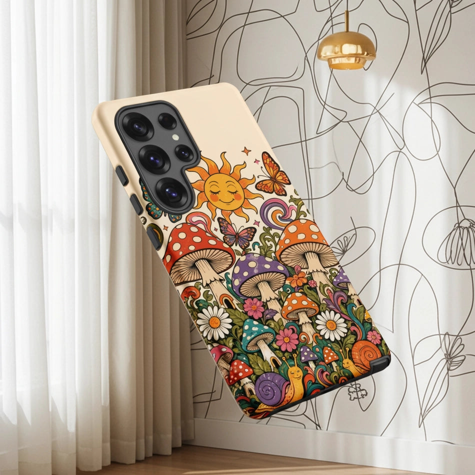 Durable TPU Samsung Galaxy case featuring colorful 70s retro mushrooms, smiling snails, butterflies, and a bright sun.