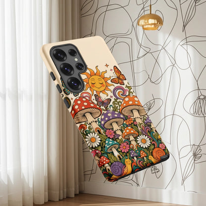 Durable TPU Samsung Galaxy case featuring colorful 70s retro mushrooms, smiling snails, butterflies, and a bright sun.