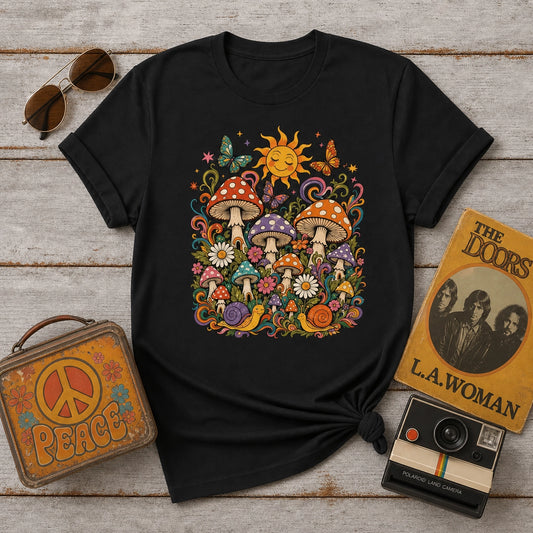 Retro 70s t-shirt graphic with colorful psychedelic mushrooms, smiling snails, butterflies, flowers, and a bright sun.