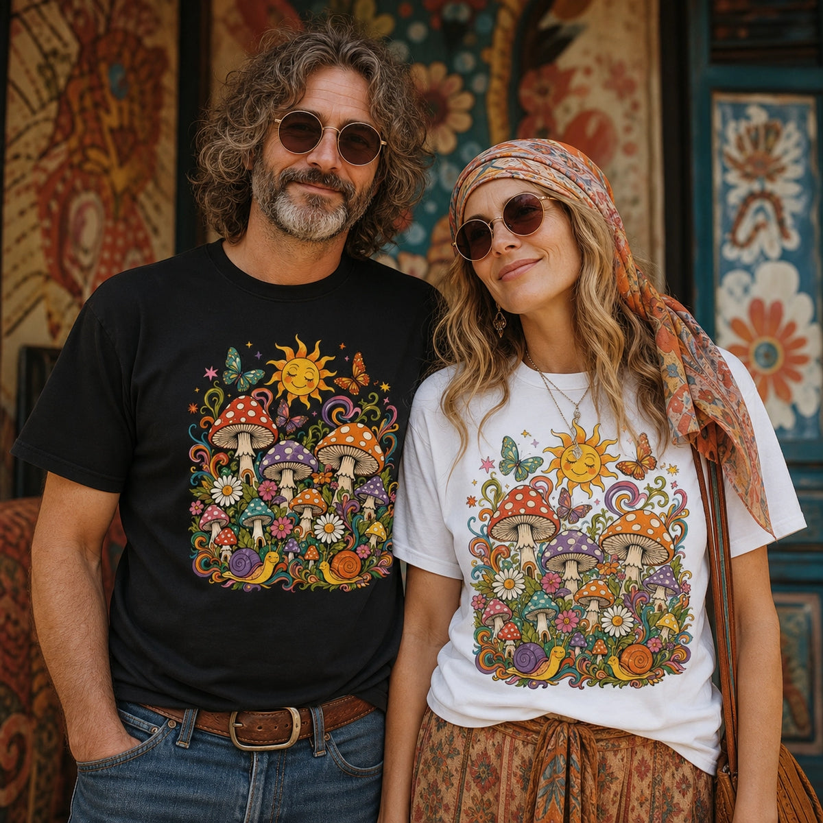 Retro 70s t-shirt graphic with colorful psychedelic mushrooms, smiling snails, butterflies, flowers, and a bright sun.