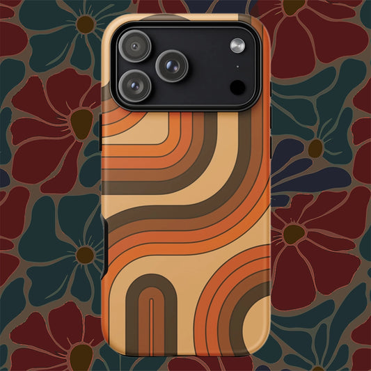 Retro 70s curved stripe pattern in earth tones, brown, and orange printed on a durable TPU flexible iPhone case.