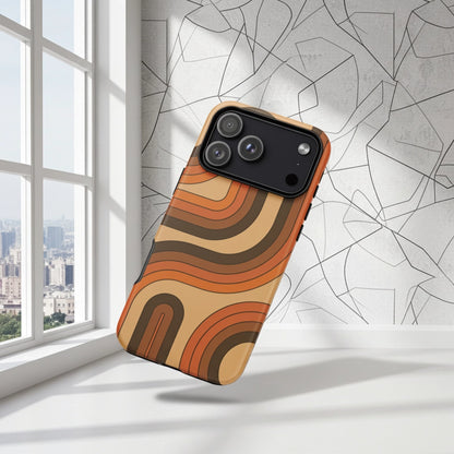 Retro 70s curved stripe pattern in earth tones, brown, and orange printed on a durable TPU flexible iPhone case.