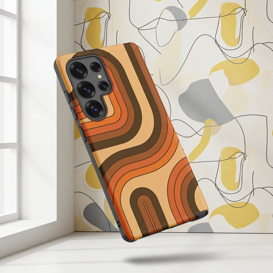 Retro 70s curved stripe pattern in earth tones, brown, and orange printed on a flexible TPU Samsung Galaxy phone case.