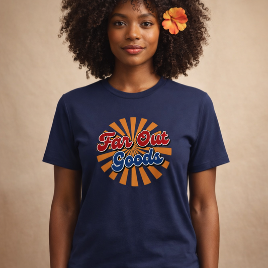 Retro Far Out Goods logo with red and blue script over an orange and gold sunburst background for a vintage t-shirt.