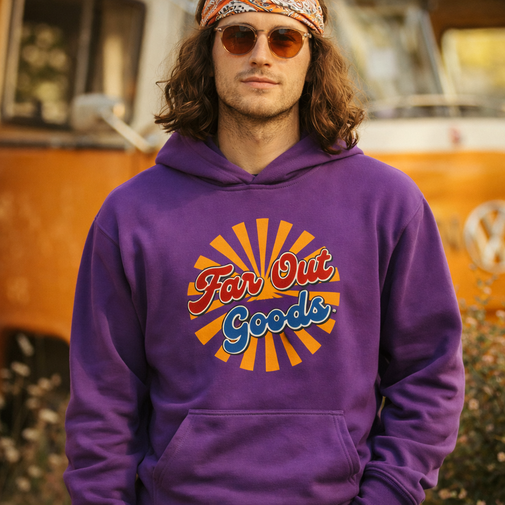Retro Far Out Goods logo in red and blue script over an orange and yellow sunburst background for a 70s vintage hoodie.