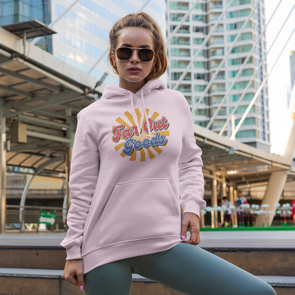Retro Far Out Goods logo in red and blue script over an orange and yellow sunburst background for a 70s vintage hoodie.