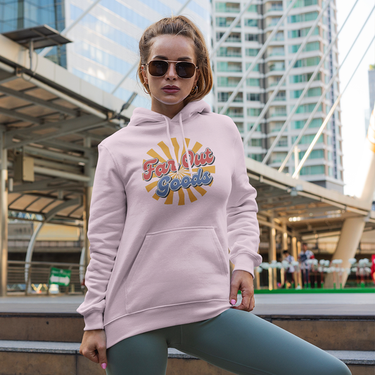 Retro Far Out Goods logo in red and blue script over an orange and yellow sunburst background for a 70s vintage hoodie.