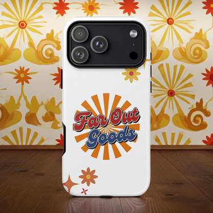 Far Out Goods logo in red and blue script over a bright 1970s sunset sunburst background on an iPhone case.