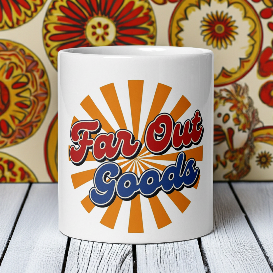 Far Out Goods retro logo mug with red and blue 70s-style script over an orange and yellow sunburst design.