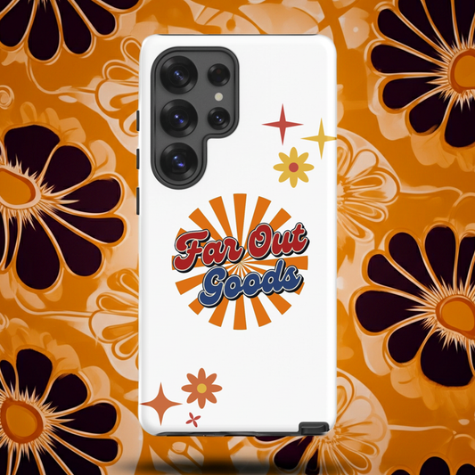 Far Out Goods logo in red and blue retro script over an orange and yellow sunburst background for Samsung phone cases.