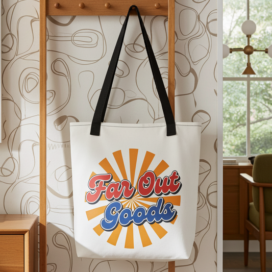 Retro orange sunburst design with Far Out Goods text in red and blue script on a black cotton tote bag.