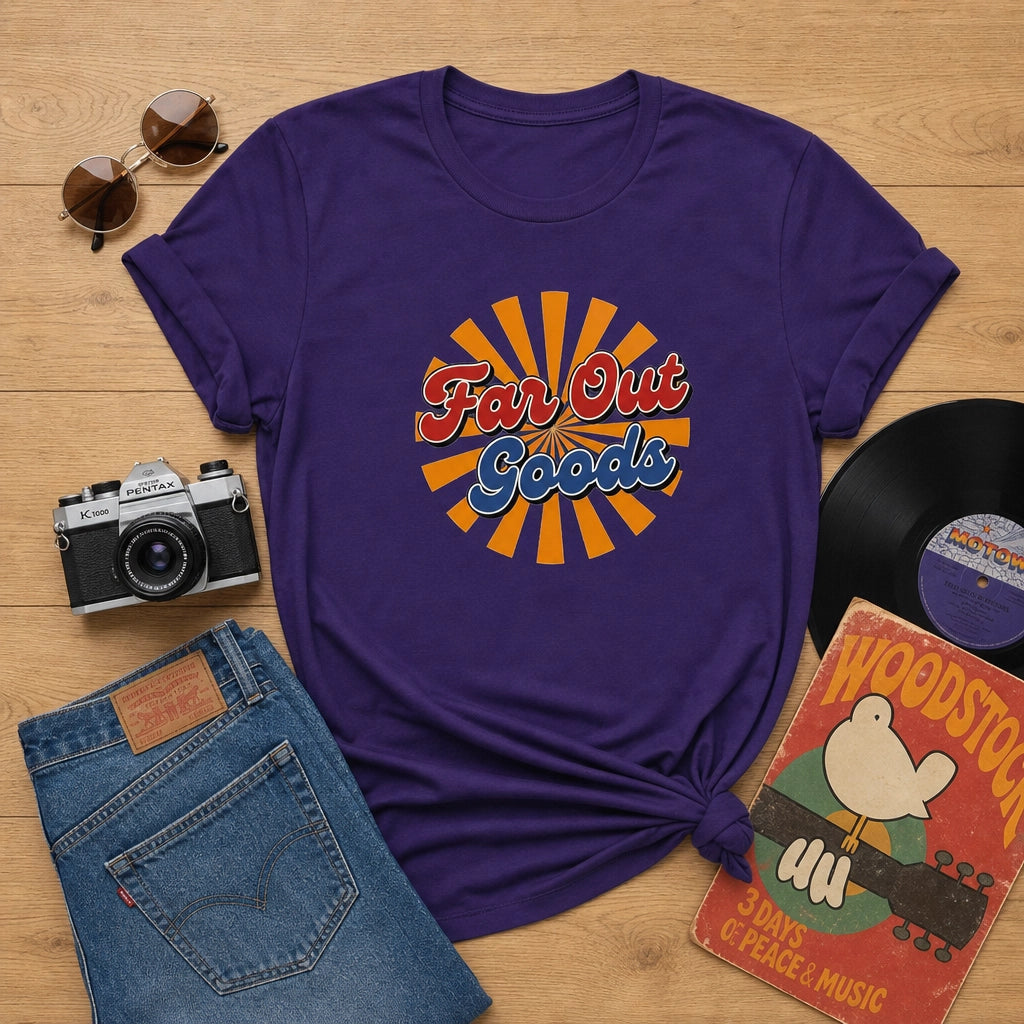 Retro Far Out Goods logo with red and blue script over an orange and gold sunburst background for a vintage t-shirt.