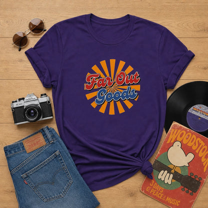 Retro Far Out Goods logo with red and blue script over an orange and gold sunburst background for a vintage t-shirt.