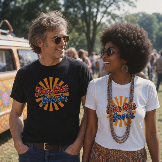 Retro Far Out Goods logo with red and blue script over an orange and gold sunburst background for a vintage t-shirt.