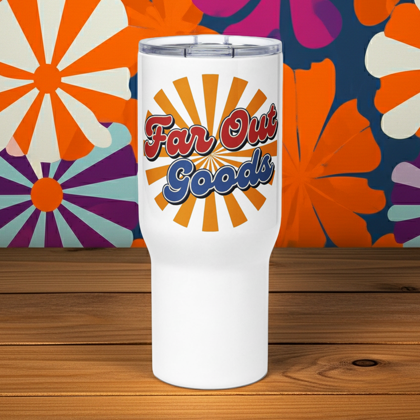 Insulated travel mug featuring a vintage orange sunburst and Far Out Goods logo in retro red and blue script.