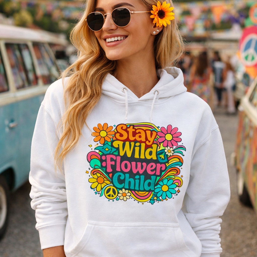 Retro Stay Wild Flower Child colorful typography design with daisies and rainbows for a 70s style hoodie.