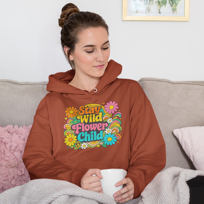Retro Stay Wild Flower Child colorful typography design with daisies and rainbows for a 70s style hoodie.