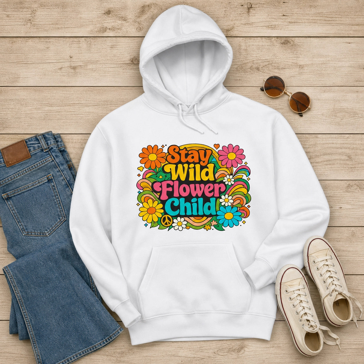 Retro Stay Wild Flower Child colorful typography design with daisies and rainbows for a 70s style hoodie.