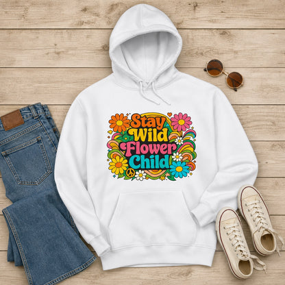 Retro Stay Wild Flower Child colorful typography design with daisies and rainbows for a 70s style hoodie.