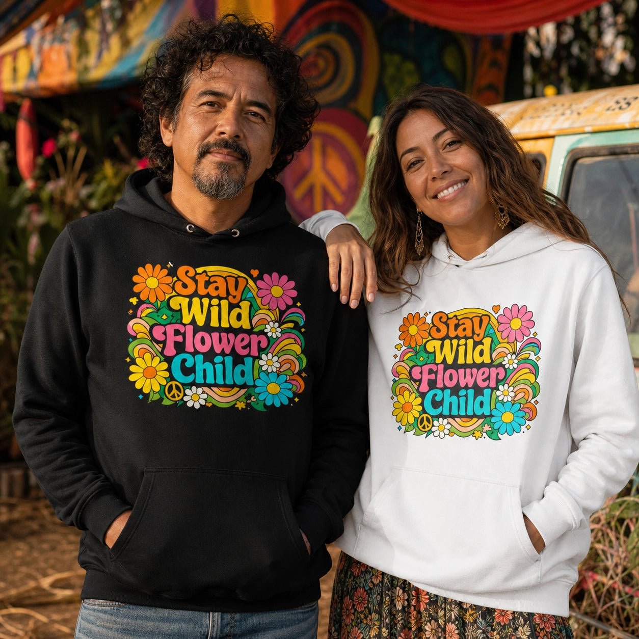Retro Stay Wild Flower Child colorful typography design with daisies and rainbows for a 70s style hoodie.