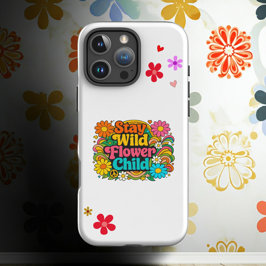 Stay Wild Flower Child retro 70s hippie typography with colorful daisies and psychedelic swirls on an iPhone case.