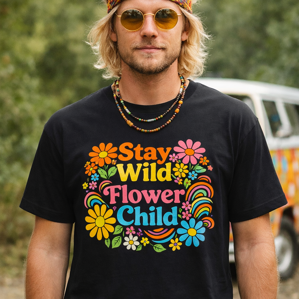 Retro Stay Wild Flower Child t-shirt design with colorful 70s psychedelic flowers and groovy yellow and blue lettering.