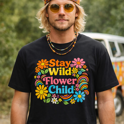 Retro Stay Wild Flower Child t-shirt design with colorful 70s psychedelic flowers and groovy yellow and blue lettering.
