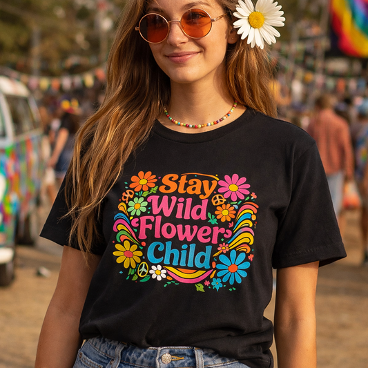 Retro Stay Wild Flower Child t-shirt design with colorful 70s psychedelic flowers and groovy yellow and blue lettering.
