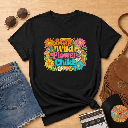 Retro Stay Wild Flower Child t-shirt design with colorful 70s psychedelic flowers and groovy yellow and blue lettering.
