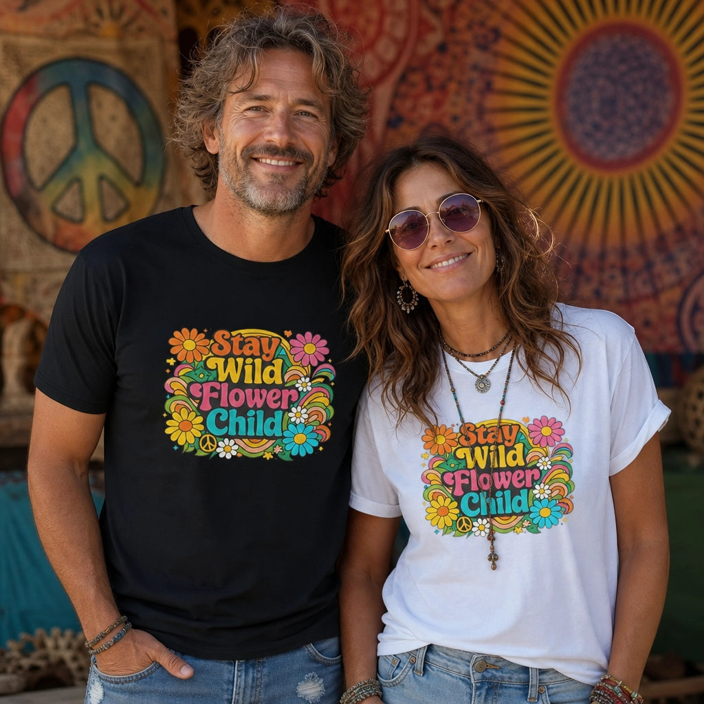 Retro Stay Wild Flower Child t-shirt design with colorful 70s psychedelic flowers and groovy yellow and blue lettering.